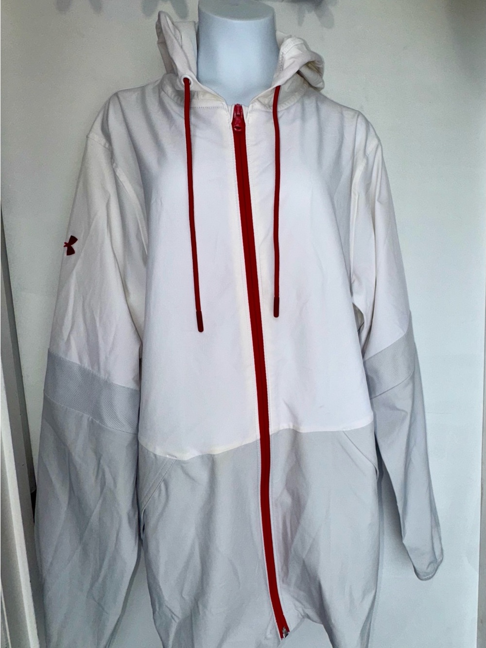 Under Armour White and Light Gray Hooded Windbreaker with Red Accents